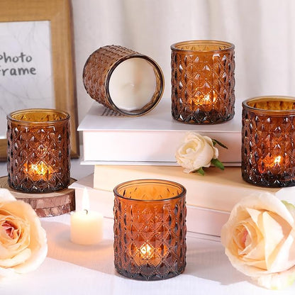8Pcs Large Votive Candle Holders Amber Tea Light Candle Holders Glass Candle Holder for Wedding, Bridal Shower,Table Centerpiece,Party, Home Decor, Fall Decor