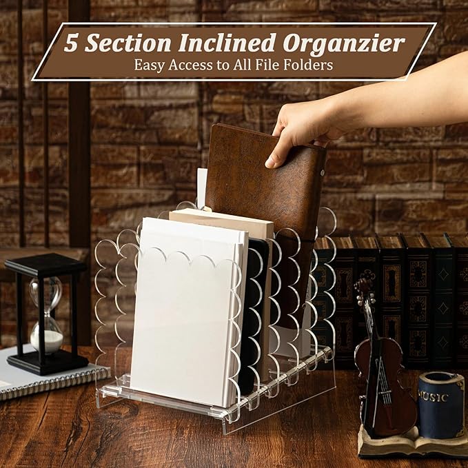 Clear Vertical File Organizer Acrylic File Holder Mails Letter Paper Envelope holder Stand Desk Organizer for Office Home School(Removable 5 Compartments,9.8 x 9.5 x 7.9 Inch)