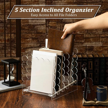 Clear Vertical File Organizer Acrylic File Holder Mails Letter Paper Envelope holder Stand Desk Organizer for Office Home School(Removable 5 Compartments,9.8 x 9.5 x 7.9 Inch)