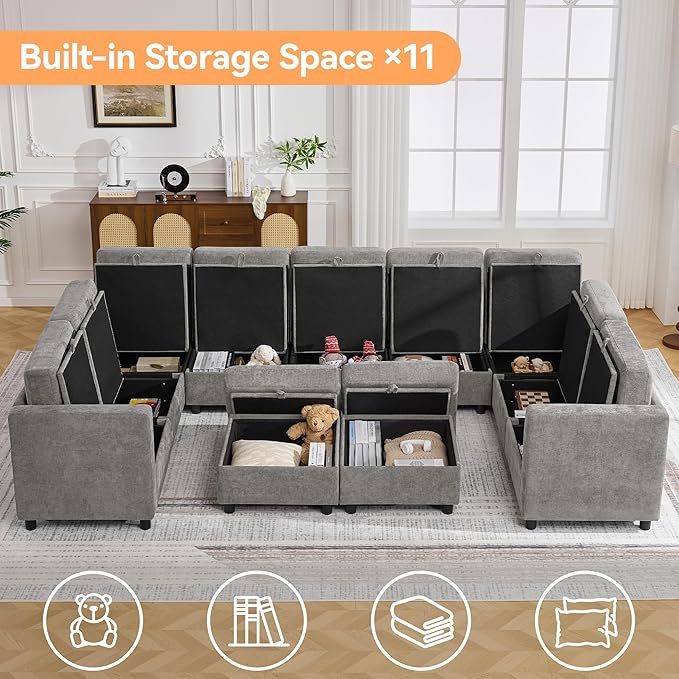 127'' Oversized U Shaped Modular Sofa, Sectional Couches with Storage for Living Room, Modern 9 Seater Cloud Sectional Couch with Movable Ottoman, Chenille Grey