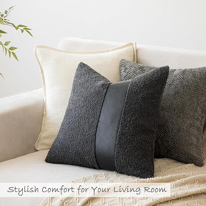 18"x18" Charcoal Black Boucle Throw Pillow Covers with Faux Leather Accents Set of 2 Fluffy Textured Decorative Pillow Cases for Couch Bed Boho Farmhouse Square Cushion Covers for Nordic Home