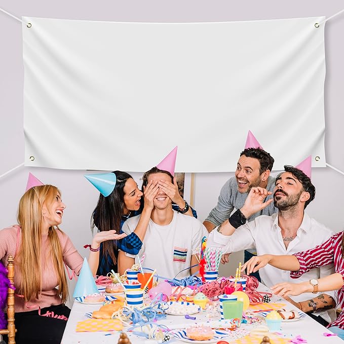 Blank DIY Banners Polyester Oxford Cloth White Banner with Hanging Rope for Wall Signs Writing DIY Painting Indoor Outdoor Office Camping Yard Birthday Party Decorations Supplies (6x3ft)