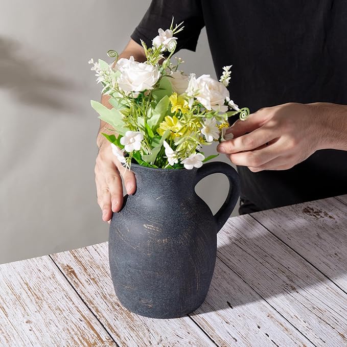 Ceramic Rustic Vase with Handle, Decorative Jug Pitcher, Terracotta Stone Vase for Decor Living Room, Vintage Home Decor, Black