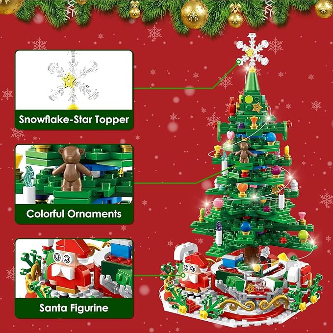 701 Pcs Christmas Tree Building Toy: 24-Day Advent Calendar, 30 LED Warm Lights (USB), Santa Ornaments & Snowflake Topper - Educational Blocks for Kids 3-6, Tabletop Decor