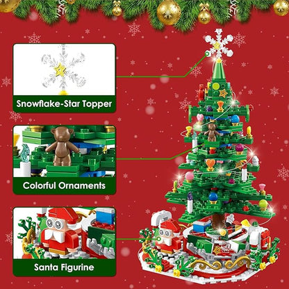 701 Pcs Christmas Tree Building Toy: 24-Day Advent Calendar, 30 LED Warm Lights (USB), Santa Ornaments & Snowflake Topper - Educational Blocks for Kids 3-6, Tabletop Decor