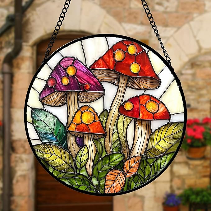 DASTOLL Stained Glass Window Hanging, Mushroom Leaves Suncatcher for Doors Home Sun Catchers Decoration and Christmas, Mother's Day Birthday Gifts for Women, Men, and Mom 6.3 in