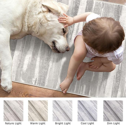 Modern Abstract Entryway Rug Indoor 2x3 Neutral Washable Non-Slip Soft Small Area Rug Light Beige and Grey Kitchen Mat Thin Print Faux Wool Floor Carpet for Entrance Bedroom