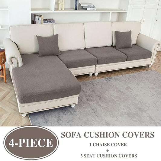 Couch Cushion Covers for Sectional Sofa L Shape Washable Separate Seat Chaise Couch Cover Stretch Sofa Slipcovers with 2 Pcs Pillowcases(3 Seater + 1 Chaise, Taupe)