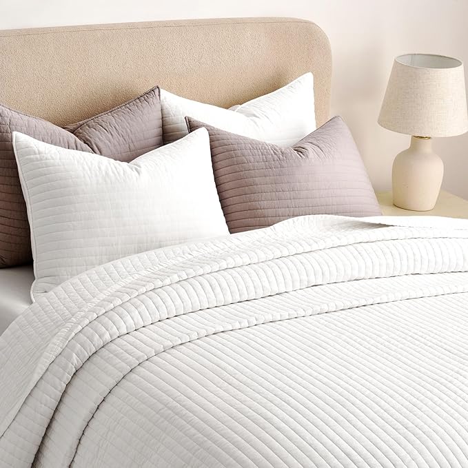 EVERGRACEHOME Cotton Sateen Quilt Set Queen Size, Pre-Washed Cotton Channel Stitch Coverlet Bedspread, 3 Pieces Lightweight Soft Bedding Sets for All Season, with 2 Pillow Shams, Bright White