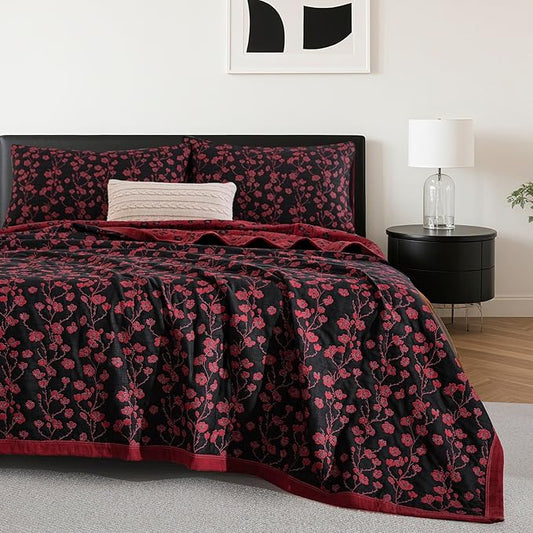 100% Cotton Muslin Jacquard 3 Piece Quilt Set Floral Plum Blossom Print, Soft 3 Layers Gauze Bed Cover Reversible Bedspread Coverlet Breathable Lightweight Bedding Set, Queen
