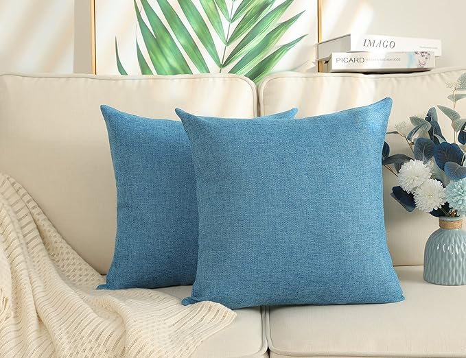 Stellhome Pack of 2 Linen Throw Pillow Covers Solid Fall Decorative Cushion Covers Pillowcase for Home Decoration, 16x16 Inch, Blue