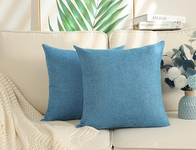 Stellhome Burlap Throw Pillow Covers 18x18 inch for Living Room Decorative Linen Rustic Pillows Neutral Accent Cushion Cases Set of 2, Blue