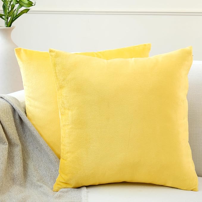 Encasa XO Velvet Throw Pillow Covers 20x20 in (50x50 cm) - Lemon Yellow - No Inserts, Pack of 2 Cases | Solid Plain Dyed Soft & Smooth, Square Decorative Cushion Covers for Living & Bedroom