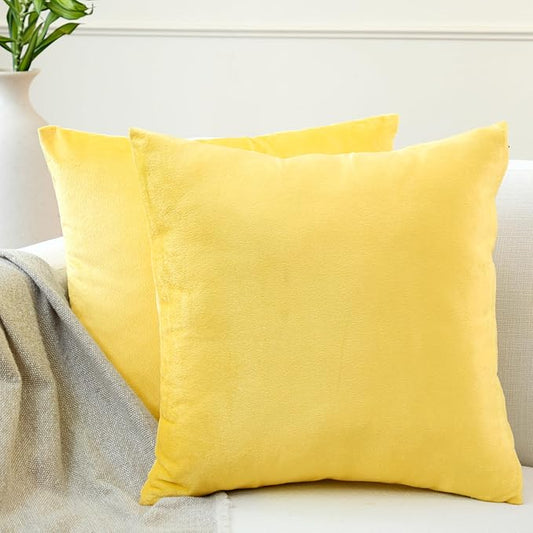 Encasa XO Velvet Throw Pillow Covers 18x18 in (45x45 cm) - Lemon Yellow - Set of 2 No Inserts, Only Pack of 2 Cases | Soft Square Decorative Euro Shams Cushion Cover for Couch, Sofa