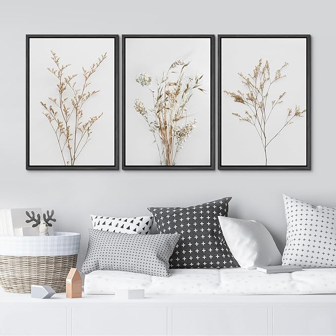 MUDECOR Framed Canvas Print Wall Art Wildflower Floral Botanical Prints Minimalist Wall Art Modern Farmhouse for Bedroom - 16"x24"x3 Black