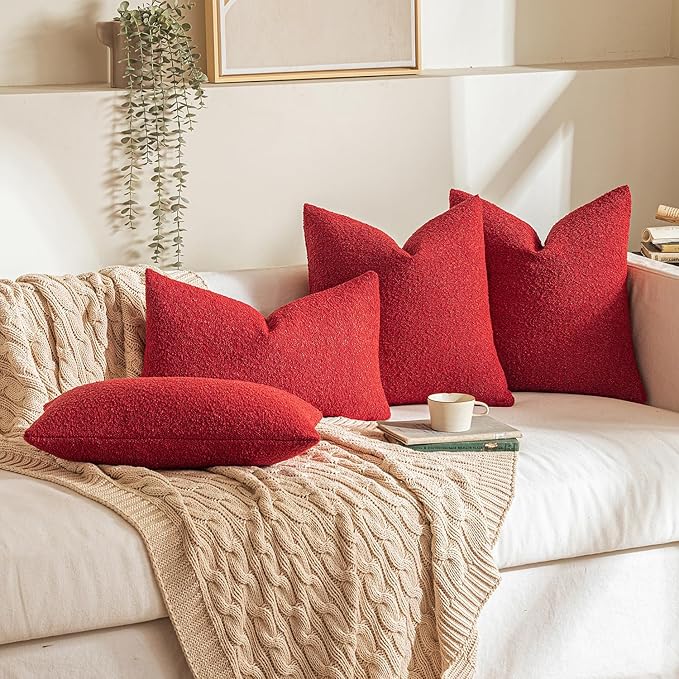 MIULEE 20x20 Inch Christmas Decorative Pillow Covers for Couch Bed Set of 2 Textured Boucle Neutral Winter Throw Pillows Red Accent Solid Cushion Pillowcases Sofa Livingroom Home Decor