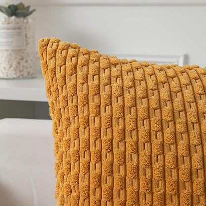 Kevin Textile Throw Pillow Covers Soft Corduroy Decorative Set of 2 Boho Striped Pillow Covers Pillowcases Farmhouse Home Decor for Couch Bed Sofa Living Room 12x20 Inch Golden Yellow
