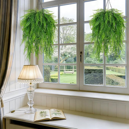 Fake Hanging Plant Outdoor Artificial Boston Fern Hanging Baskets 2 Set Fake Ferns Hanging Plants Artificial Decor 23.6" Artificial Ferns for Outdoors Front Porch Patio Garden Home Decor
