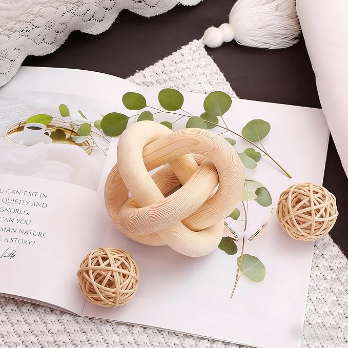 Wood Knot Chain Link Decor, 3 Link Boho Wooden Hand Carved Decorative, Handcrafted for for Coffee Table Entryway Modern Farmhouse Shelf Decoration (Natural)