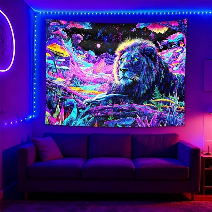 seewan Black Light Lion Tapestry, Colorful Abstract Beast Art Tapestry, Glow-in-the-Dark UV-Reactive Black Light Standing Tapestry, Starry Sky Wall Hanging, Bedroom Dorm Living Room Background Decor