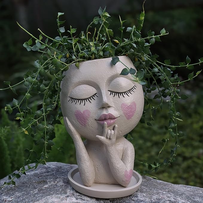 Face Flower Pots Head Planter, Dolkgy Cute Resin Planters for Indoor Outdoor Plants, Macetas Para Plantas Unique Head Plant Pot Face Vase