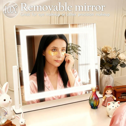 HNV 16"x13" Vanity Mirror with Lights, Rectangular Lighted Makeup Mirror with 10X Magnification, 3 Color Modes & Brightness Adjustable, Smart Touch, 360° Rotation Tabletop Mirror for Bedroom (White)