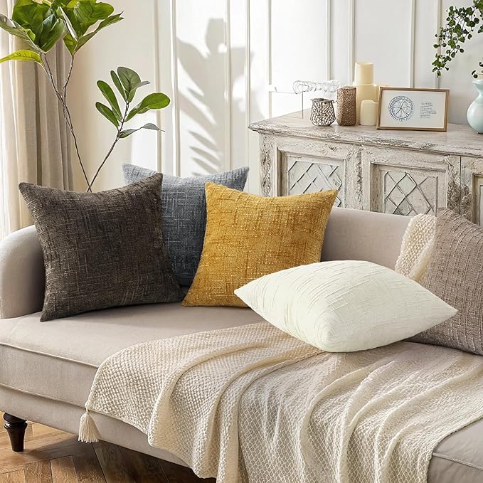 decorUhome Spring Dark Grey Chenille Throw Pillow Covers 18x18 Set of 2 Textured Slubby Couch Pillow Covers Farmhouse Accent Modern Neutral Decorative Pillow Cases for Bed Sofa Living Room