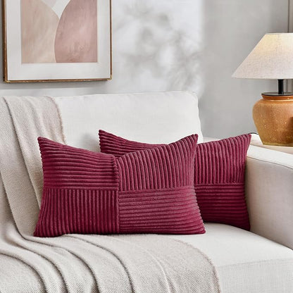 Fancy Homi 2 Packs Burgundy Yellow Lumbar Decorative Throw Pillow Covers 16x26 Inch for Couch Bed Sofa, Rustic Farmhouse Boho Spring Home Decor, Soft Striped Corduroy Rectangle Accent Cushion Case