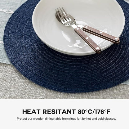 Round Placemats Set of 4 Woven Placemats Washable Braided Table Mats for Dining Table Heat Resistant Non-Slip Circle Place Mats(Navy Blue)
