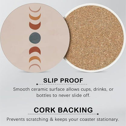Drink Coasters for Drinks Set of 6, Boho Art Absorbent Round Ceramic Stone Mat Coaster, with Cork Base and Metal Holder, Home Bar Decor House Warming Gift