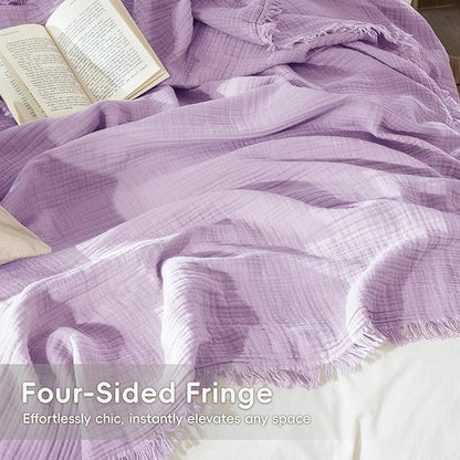 MooMee Muslin Blanket - 100% Cotton 4-Layer Gauze Throw Blanket with Tassels Ultra-Soft Breathable Lightweight Cooling for Bed Couch (Light Purple,King 104" x 90")