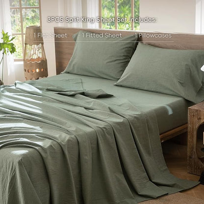 MooMee Bedding Sheet Set 100% Washed Cotton Linen Like Textured Breathable Durable Soft Comfy (Heathered Green, Twin)