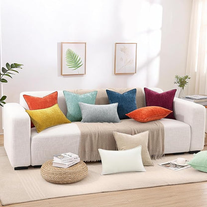 decorUhome Spring Couch Throw Pillow Covers 16x16 Set of 2, Decorative Soft Velvet Neutral Chenille Pillow Covers with Elegant Design for Sofa Bed Living Room Home Decor, Beige