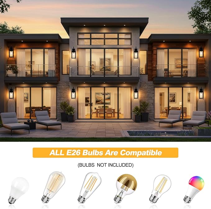 Dusk to Dawn Outdoor Wall Light, 19" Large Outdoor Light Fixture 2 Pack, Black Exterior Light Fixtures Wall Sconces Porch Lights, Waterproof Outdoor Lighting for House, Garage -with Gold Trim