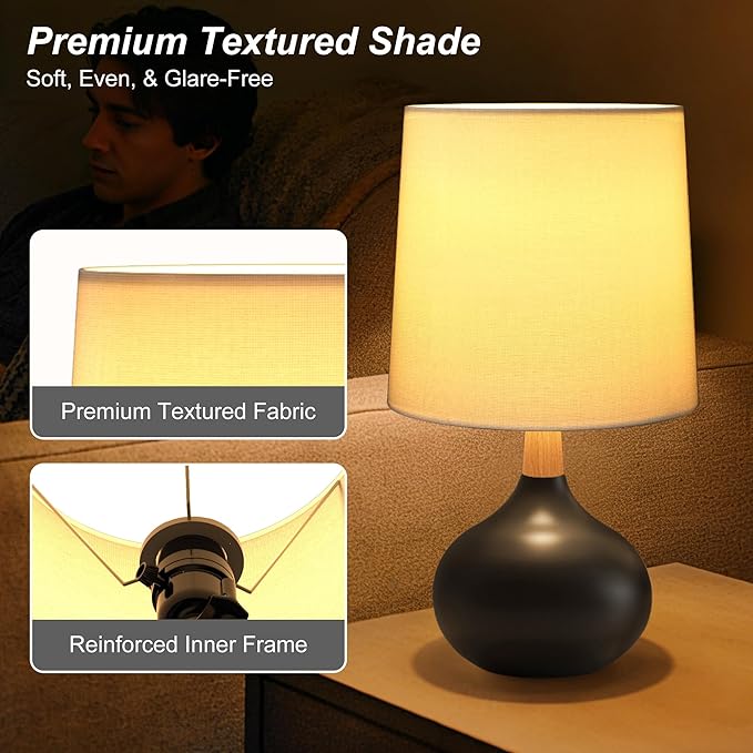 14" Ceramic Table Lamp Set of 2 with Natural Wood Stem & Linen Shade for Bedroom Decor,Modern Farmhouse Small Bedside Lamp for Nightstand, Living Room & Office (Black)