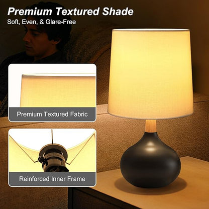 14" Ceramic Table Lamp Set of 2 with Natural Wood Stem & Linen Shade for Bedroom Decor,Modern Farmhouse Small Bedside Lamp for Nightstand, Living Room & Office (Black)