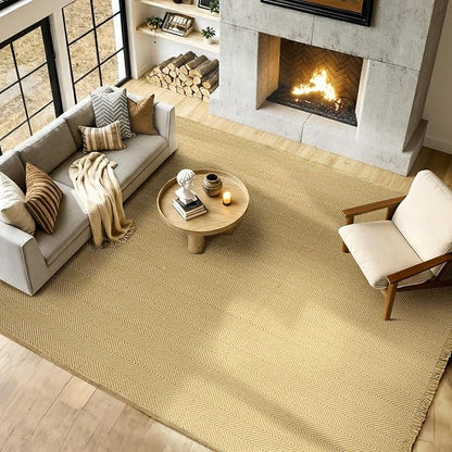 BESTSWEETIE 9x12 Washable Rug Hand-Woven Low Pile Soft Modern Farmhouse Bohemian Decor Reversible Braided Rugs with Tassels Throw Carpet for Living Room Bedroom Entryway Bathroom, Natural Jute