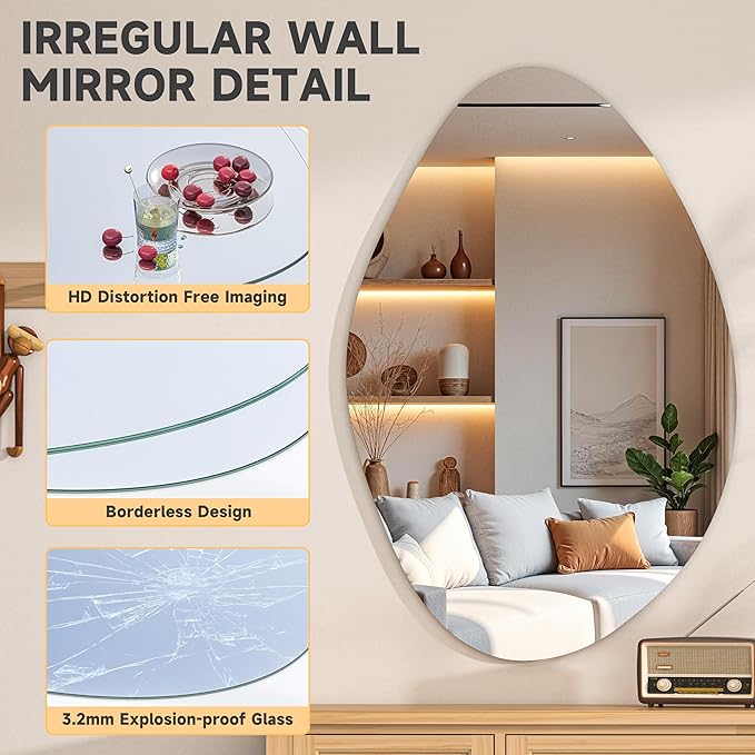 Hasipu Irregular Wall Mirror - 36"x24" Asymmetrical Frameless Mirror, Modern Decorative Mirrors for Living Room, Entryway, Hallway, Bathroom, Bedroom,Wall Mounted Home Decor