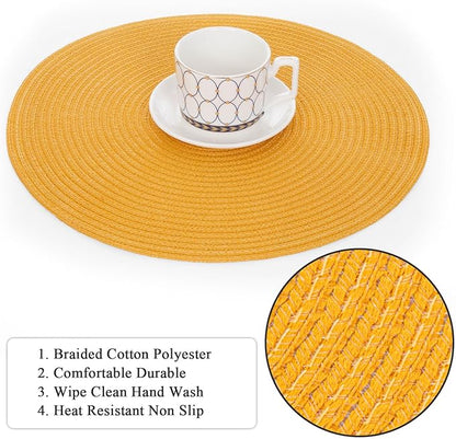 SHACOS 15 inch Round Braided Placemats Set of 6 Non Slip Washable Kitchen Table Place Mats Cotton Polyester Heat Resistant Table Mats for Home Wedding Dinner Party Table Decor, Mustard Yellow