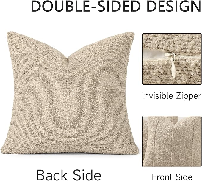 YCOLL Textured Boucle Throw Pillow Covers 20x20 Pack of 2 - Soft Neutral Striped Cushion Covers, Cozy Accent Decorative Pillow Covers for Couch, Sofa, Bed, Living Room (Oatmeal)