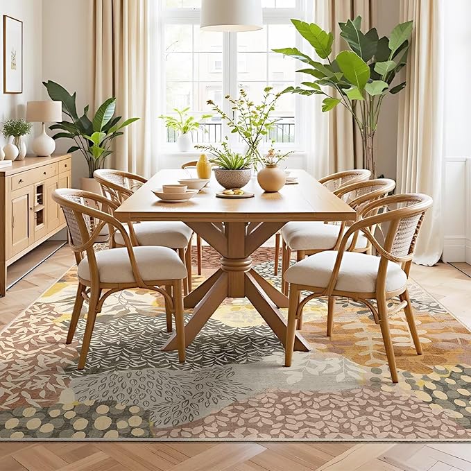 DEXDE Fall Washable Area Rugs 6x9 for Living Room, Floral Large Rug Boho Print Vintage Low Pile Non Slip Carpet for Bedroom Kids Room Nursery Office Dinning Room,Camel