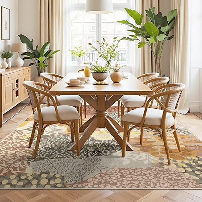 DEXDE Fall Washable Area Rugs 6x9 for Living Room, Floral Large Rug Boho Print Vintage Low Pile Non Slip Carpet for Bedroom Kids Room Nursery Office Dinning Room,Camel
