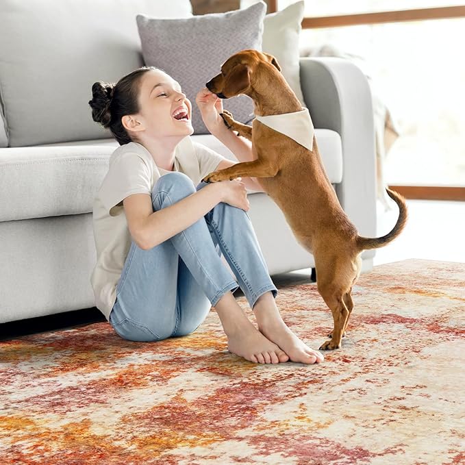 Area Rug Living Room Rugs - 8x10 Washable Modern Neutral Abstract Rugs Soft Low Pile No Slip Stain Resistant Rug Indoor Large Carpet for Bedroom Dining Room Nursery Room Home - Pink/Orange