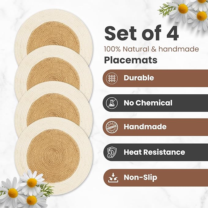 Eco Crave Jute Round Placemats Set of 4 – Hand Woven Natural Beige Jute with White Rim, 13 Inch Farmhouse Rustic Dining Drawstring Table Mats, Wicker Heat Resistant Durable Eco-Friendly Table Decor