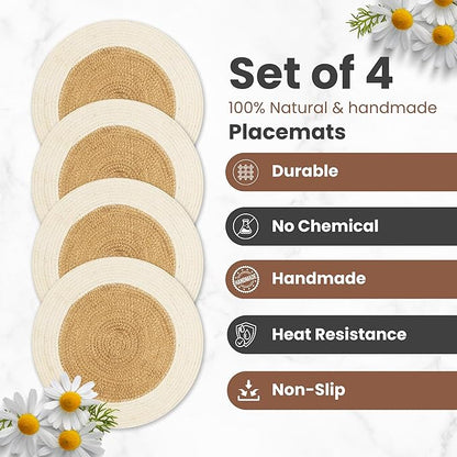 Eco Crave Jute Round Placemats Set of 4 – Hand Woven Natural Beige Jute with White Rim, 13 Inch Farmhouse Rustic Dining Drawstring Table Mats, Wicker Heat Resistant Durable Eco-Friendly Table Decor