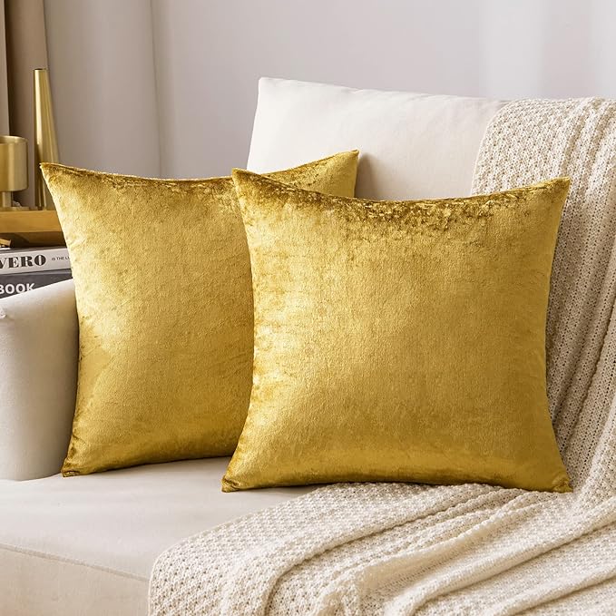 MIULEE 24x24 Inch Euro Sham Velvet Pillow Covers, Set of 2 Large Square Decorative Pillows -Golden Super Soft for King Bed, Sofa, Couch, Accent Chairs with Hidden Zipper