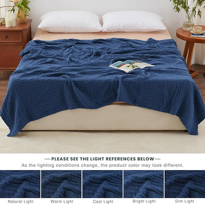 Love's cabin 6 Layer 100% Cotton Muslin Blanket, 108"x90" Muslin King Size Blanket for Bed Couch, Lightweight and Breathable Cotton Gauze for Adult, Dark Blue