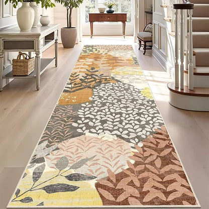DEXDE Runner Rug 2x8 Fall Washable Hallway Boho Soft Area Rugs Abstract Long Non Slip Leaves Floral Vintage Floor Carpet for Entryway, Kitchen, Laundry, Bathroom, Bedroom,Camel