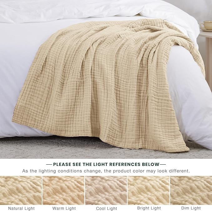 Love's cabin 6 Layer 100% Cotton Muslin Blanket, 50"x60" Throw Muslin Blanket for Couch Bed, Lightweight and Breathable Cotton Gauze for Adult, Khaki
