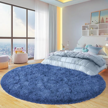 Round Fluffy for Bedroom Rugs, 5Ft Navy Blue Shag Circle Rug Non-Slip for Kids Girls Boys Bedroom Dorm Nursery Playroom, Soft Cute Area Rugs for Living Room Decor
